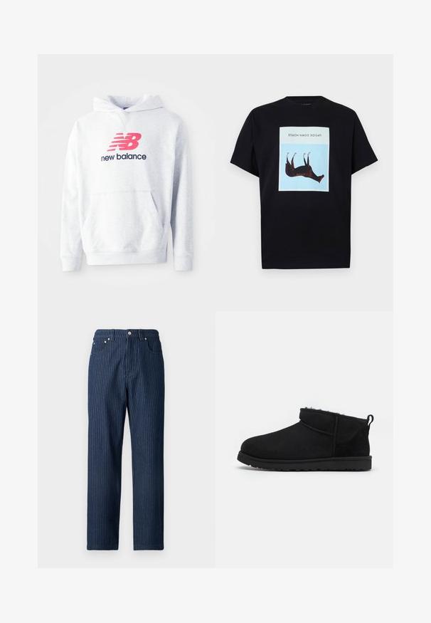 Lichtgrijze hoodie met een voorste kangoeroezak en een rood "NB" logo boven de tekst "new balance" in zwart op de borst.; Zwart T-shirt met een in het midden geplaatst omgekeerd bruin paardenillustratie op een blauw vierkant en de tekst "UPSIDE DOWN HORSE" erboven.; Donkerblauwe spijkerbroek met verticale witte krijtstrepen, rechte pijp, vijf zakken en metalen details bij de taille.; Zwarte suède enkellaarsjes met een zachte, gestructureerde voering, een lage rubberen zool en een lus aan de achterkant voor gemakkelijk aantrekken.