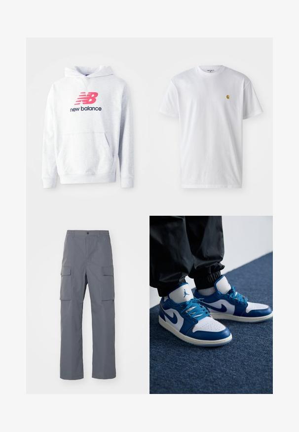 Svetlosivý mikina s predným klokanym vreckom a červeným logom "NB" nad textom "new balance" v čiernej farbe na hrudi.; Biele bavlnené tričko s krátkymi rukávmi, okrúhlym výstrihom, s malým zlatým logom na ľavej strane hrude. Mäkká textúra a normálny strih.; Šedé cargo nohavice vyrobené z odolnej tkaniny. Medzi vlastnosti patrí elastický pás, dve veľké bočné vrecká a strih s rovnými nohavicami.; Nike Air Jordan tenisky majú bielu koženú základňu s modrými syntetickými akcentmi, perforovanou špičkou a modrými šnúrkami.