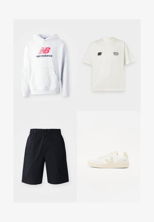 Svetlosivý mikina s predným klokanym vreckom a červeným logom "NB" nad textom "new balance" v čiernej farbe na hrudi.; Biele tričko s krátkym rukávom s čiernym geometrickým logom na ľavej strane hrudníka a logom glóbu "Replay Incorporated" na pravej strane hrudníka.; Čierne šortky z ľahkého materiálu, s plochým predným dielom, elastickým pásom a bočnými vreckami. Jednoduchý dizajn bez vzorov.; Biele tenisky s béžovými akcentmi, s textúrovaným zvrškom, okrúhlou špičkou a hrubou gumovou podrážkou. Dizajn obsahuje ikonické V logo a branding.