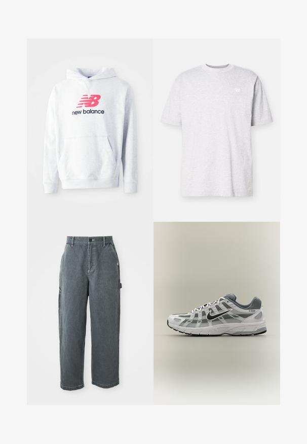 Lichtgrijze hoodie met een voorste kangoeroezak en een rood "NB" logo boven de tekst "new balance" in zwart op de borst.; Lichtgrijs katoenen T-shirt met korte mouwen, ronde halslijn en een klein wit logo op de linkerborst. Zachte textuur, casual pasvorm.; Donkergrijze rechte werkbroek met riemlussen, een voorste knoop en rits, zijzakken en een hamerlus op het rechterbeen.; Wit-grijze Nike P-6000 sneaker met zwarte swoosh, mesh panelen en gestructureerde zool, zijaanzicht op een neutrale achtergrond.