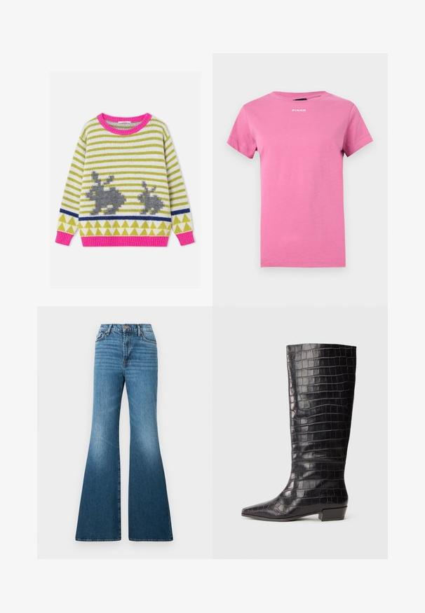 Pull en maille rayé avec col et poignets roses, présentant deux silhouettes de lapins gris et des motifs de triangles verts sur fond blanc.; T-shirt rose vif à manches courtes avec encolure ronde et petit logo blanc "PINKO" centré près du col.; Jean évasé bleu en denim, avec une taille haute, un léger délavage et des détails de coutures sur les poches et les coutures.; Bottes noires en cuir montantes avec une texture crocodile, bout pointu et talon bas. Présence d'un logo discret près de la cheville.