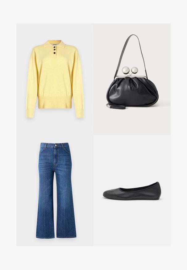Gul strikket polo sweater med krave, der har tre mørke knapper, ribbet bund og lange ærmer, lavet af blødt stof.; Bredde ben jeans i mørkeblå denim, med høj talje, diskret slidte detaljer og klassisk fem-lomme-design. Syet med kontrasttråd.; Sort læderballetsko med rund tå, glat tekstur, minimal syning og et fleksibelt såldesign.; Sort læderhåndtaske med opsamlet design, en enkelt rem, sølv metalramme og to store runde sølv lukninger.