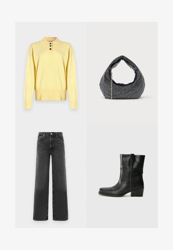 Gul strikket polo sweater med krave, der har tre mørke knapper, ribbet bund og lange ærmer, lavet af blødt stof.; Sorte højtaljede lige ben denimjeans med frontknap og lynlås, to frontlommer og to baglommer.; Sort læder ankelstøvle med rundt tå, blokhæl, lynlås i siden og stikninger på vampsiden. Glat tekstur, klassisk design.; Sort mesh håndtaske prydet med sølvnitter, udstyret med et buet håndtag og en kædetraspe. Blød tekstur med en rund form.