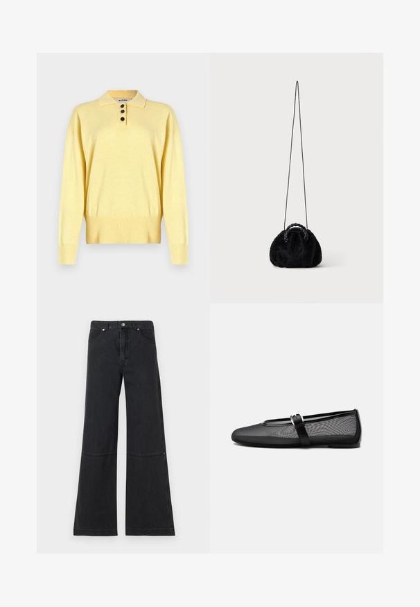 Suéter polo de punto amarillo con cuello, con tres botones oscuros, dobladillo acanalado y mangas largas, hecho de un tejido suave.; Jeans anchos negros de mezclilla, con una alta cintura, bolsillos delanteros y un sutil detalle de costura en la rodilla. Cierre de botón metálico.; Bailarina negra de malla con punta redonda y correa ajustable estilo Mary Jane con hebilla plateada, sobre un fondo liso gris claro.; Pequeño bolso negro de pelo sintético con asas superiores trenzadas y larga correa delgada para el hombro sobre fondo liso.
