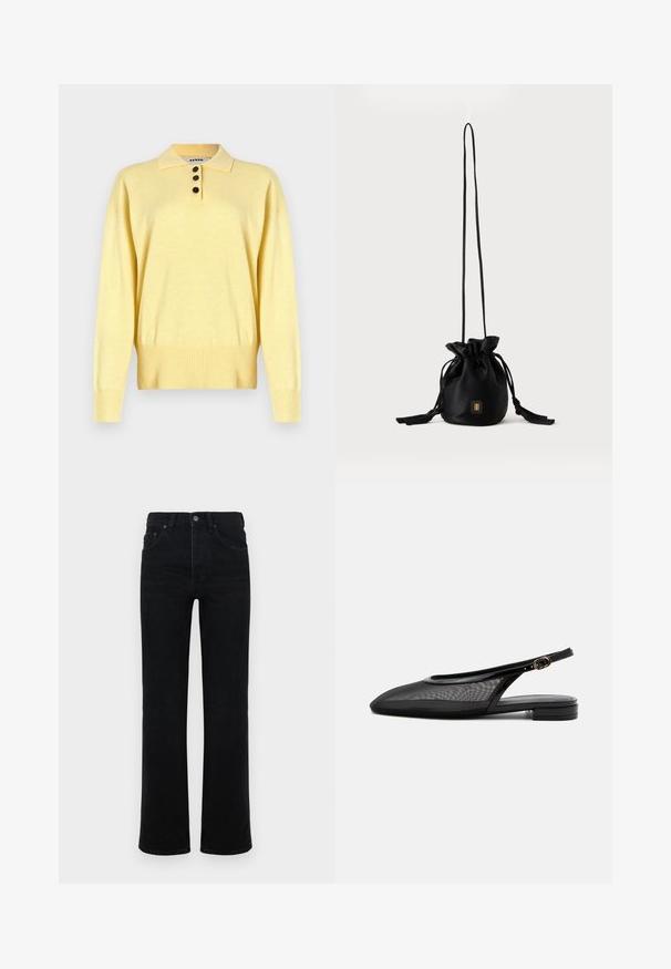 Suéter polo de punto amarillo con cuello, con tres botones oscuros, dobladillo acanalado y mangas largas, hecho de un tejido suave.; Jeans de mezclilla negra con una cintura alta, corte recto, diseño de cinco bolsillos y cierre de botón frontal. Textura suave, detalles mínimos.; Zapato plano negro tipo slingback con punta estrecha, parte superior de malla, correa ajustable con hebilla y tacón bajo apilado sobre fondo blanco.; Bolso tipo bucket negro con cordón, con una correa larga y delgada y un pequeño logo cuadrado dorado en la parte delantera, mostrado sobre un fondo liso.