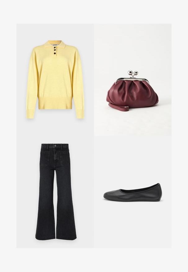 Suéter polo de punto amarillo con cuello, con tres botones oscuros, dobladillo acanalado y mangas largas, hecho de un tejido suave.; Jeans negros de cintura alta y pernera acampanada con trabillas para cinturón, botón delantero, cremallera y dos grandes bolsillos parche delanteros sobre fondo blanco.; Bailarina de piel negra con punta redondeada, textura suave, detalle de costura minimalista y diseño de suela flexible.; Pequeño bolso de mano de cuero burdeos con cierre metálico plateado y correa de muñeca sobre un fondo blanco.