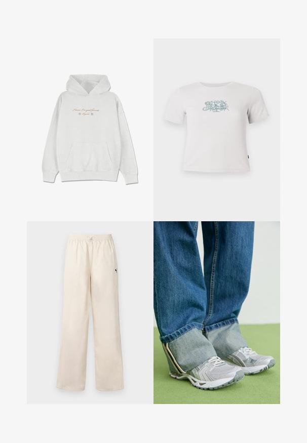 Sudadera gris claro hecha de una tela suave con un bolsillo frontal. Presenta texto en cursiva y acentos de flores en la zona del pecho.; Camiseta blanca de manga corta con coste ribeteado y un pequeño gráfico floral verde centrado en el pecho.; Pantalones de pierna ancha de color beige claro con una cintura elástica y cordón. Presenta un pequeño logo negro en el costado. Textura suave.; Zapatillas deportivas grises con material de malla y acentos blancos, combinadas con jeans de denim azul que tienen los tobillos remangados.