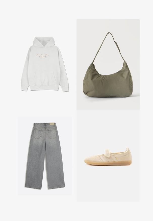 Hellgrauer Hoodie aus weichem Stoff mit einer frontalen Taschen. Verziert mit geschwungenem Text und Blumenakzenten im Brustbereich.; Graue Jeans mit weitem Bein, Rückseite mit zwei Taschen und Gürtelschlaufen, flach auf weißem Hintergrund liegend.; Beiger Wildleder-Mary-Jane-Sneaker mit Klettverschluss, Gummisohle, drei aufgenähten Streifen und goldenem "SAMBA"-Logo an der Seite.; Olivgrüne weiche Stoff-Schultertasche mit Reißverschluss und verstellbarem Tragegurt vor einfarbig hellem Hintergrund.