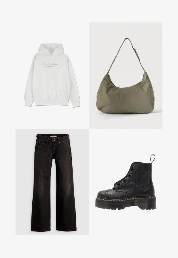 Hellgrauer Hoodie aus weichem Stoff mit einer frontalen Taschen. Verziert mit geschwungenem Text und Blumenakzenten im Brustbereich.; Schwarze Jeans mit weitem Bein und leicht ausgeblichenem Finish, ausgestattet mit vorderen Taschen, einem Reißverschluss und einer Knopfverschluss. Hergestellt aus Denimstoff.; Schwarze Leder-Ankle-Boots mit strukturierten Oberflächen, runder Zehenpartie, Schnürdesign, gelben Nähten und einer dicken, gerippten schwarzen Plateausohle.; Olivgrüne weiche Stoff-Schultertasche mit Reißverschluss und verstellbarem Tragegurt vor einfarbig hellem Hintergrund.