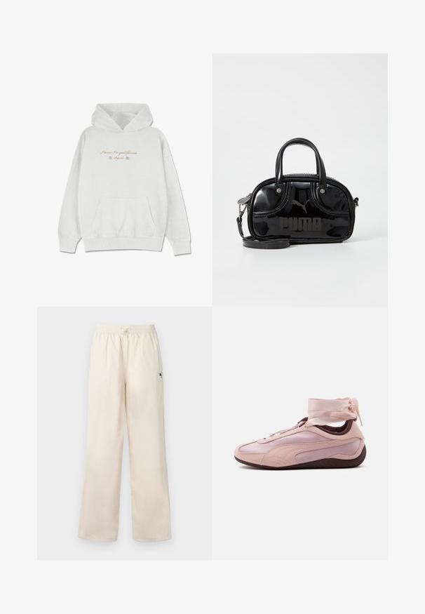 Hoodie gris clair en tissu doux avec une poche avant. Présente du texte en cursive et des accents floraux au niveau de la poitrine.; Pantalons larges beige clair avec une taille élastique et un cordon de serrage. Dotés d'un petit logo noir sur le côté. Texture lisse.; Baskets basses rose clair avec semelle foncée, design épuré et rubans noués autour de la cheville pour un effet enveloppant décoratif.; Sac à main en cuir verni noir avec des poignées supérieures doubles, une bandoulière amovible, une forme arrondie et un logo "PUMA" en relief bien visible.