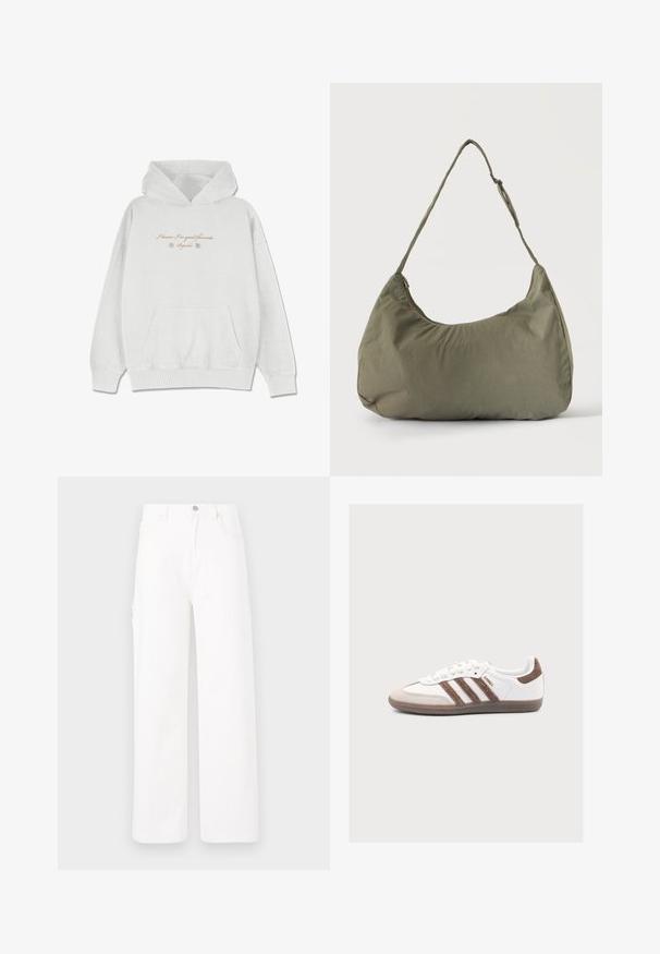 Sudadera gris claro hecha de una tela suave con un bolsillo frontal. Presenta texto en cursiva y acentos de flores en la zona del pecho.; Pantalones de denim blancos con un diseño de pierna ancha, estilo clásico de cinco bolsillos y una superficie lisa sin patrones ni adornos.; Zapatilla blanca Adidas Samba con franjas de ante marrón, puntera de ante marrón y suela de goma sobre un fondo gris claro.; Bolso de hombro de tela suave color verde oliva con cierre de cremallera y correa ajustable sobre un fondo liso y claro.