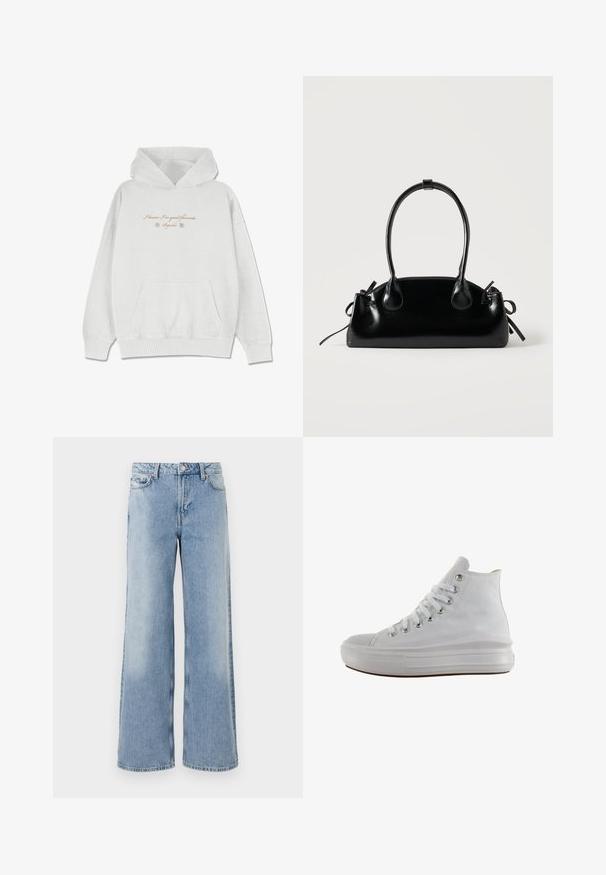 Hellgrauer Hoodie aus weichem Stoff mit einer frontalen Taschen. Verziert mit geschwungenem Text und Blumenakzenten im Brustbereich.; Hellblaue weit geschnittene Jeans mit einem verblassten Waschung, fünf Taschen, Knopfverschluss und geraden Säumen. Hergestellt aus Denim mit einer glatten Textur.; Weißer High-Top-Canvas-Sneaker mit weißen Schnürsenkeln, metallischen Ösen, dicker Gummisohle und strukturierter Zehenkappe, nach links auf weißem Hintergrund ausgerichtet.; Kleine schwarze glänzende Handtasche mit zwei langen Griffen und seitlichen Kordelzug-Details vor einfachem hellem Hintergrund.