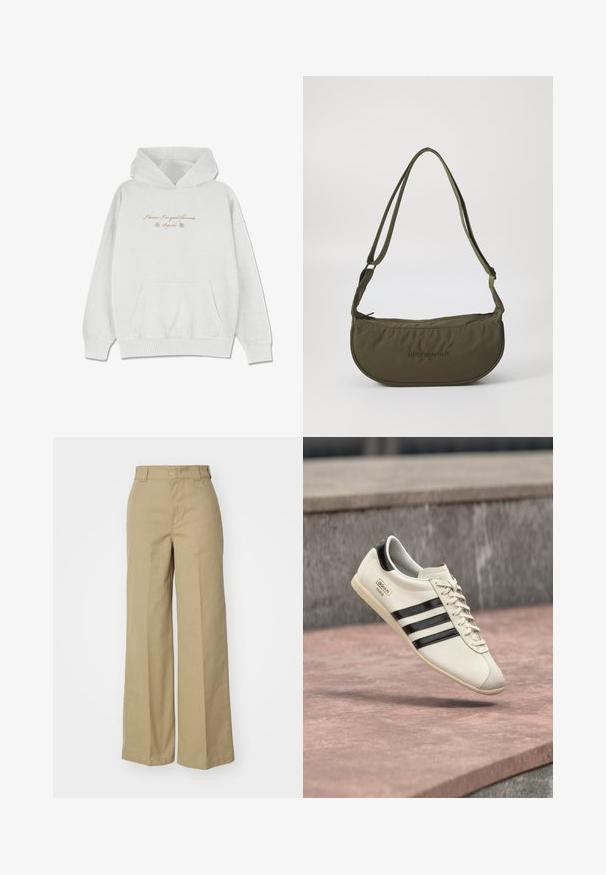 Sudadera gris claro hecha de una tela suave con un bolsillo frontal. Presenta texto en cursiva y acentos de flores en la zona del pecho.; Pantalones de pierna ancha beige con cintura alta, hechos de tela de algodón, con una cinturilla cosida y sin bolsillos ni patrones visibles.; Zapatilla blanca de Adidas con rayas negras y suela beige, flotando sobre una superficie de concreto rosada y un fondo de piedra gris.; Bolso de hombro de color verde oliva con forma curva, hecho de tejido suave, que cuenta con una cremallera superior, correas ajustables y detalle de logo en relieve.