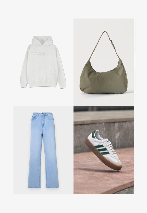 Sudadera gris claro hecha de una tela suave con un bolsillo frontal. Presenta texto en cursiva y acentos de flores en la zona del pecho.; Jeans de tiro alto en azul claro con un diseño de pierna ancha, hechos de mezclilla. Presentan costuras prominentes y un estilo de cinco bolsillos.; Zapatilla blanca Adidas Samba con rayas verdes y suela de goma flotando sobre superficie de piedra rosa con fondo de hormigón gris.; Bolso de hombro de tela suave color verde oliva con cierre de cremallera y correa ajustable sobre un fondo liso y claro.