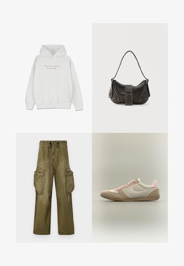 Hellgrauer Hoodie aus weichem Stoff mit einer frontalen Taschen. Verziert mit geschwungenem Text und Blumenakzenten im Brustbereich.; Olivgrüne Cargo-Hosen mit lässiger Passform, elastischem Bund, Kordelzug, zwei seitlichen Taschen und zwei großen Cargo-Taschen. Leichte Abnutzung.; Niedrig geschnittener beige-weißer Sneaker mit pinken Schnürsenkeln und Fersen-Akzent, zeigt das Nike-Logo an der Seite vor einem einfarbigen Hintergrund.; Schwarze Leder-Schultertasche mit Schnallengurt-Detail, abgerundeten Kanten und kontrastierenden weißen Nähten auf schlichtem Hintergrund.