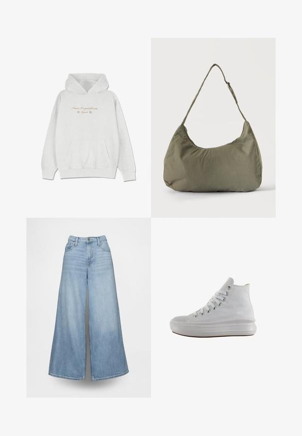 Hoodie gris clair en tissu doux avec une poche avant. Présente du texte en cursive et des accents floraux au niveau de la poitrine.; Jean denim bleu clair à jambes larges, avec une taille haute, des poches avant et une fermeture à boutons. Le tissu présente un effet délavé.; Baskets montantes en toile blanche avec lacets blancs, œillets métalliques, semelle épaisse en caoutchouc et bout texturé, orientées vers la gauche sur fond blanc.; Sac à épaule en tissu doux vert olive avec fermeture éclair et bandoulière réglable sur un fond uni clair.