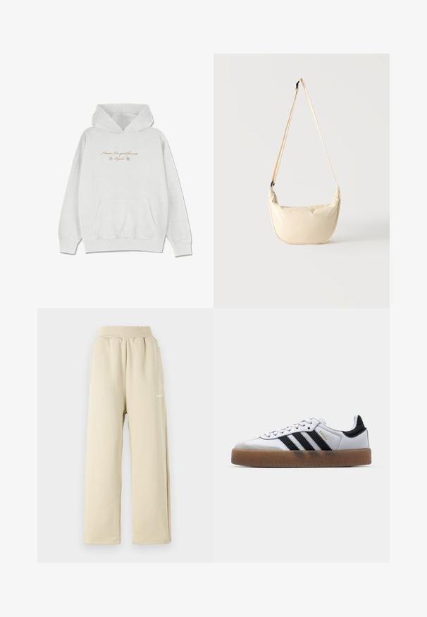 Sudadera gris claro hecha de una tela suave con un bolsillo frontal. Presenta texto en cursiva y acentos de flores en la zona del pecho.; Pantalones de chándal de pierna ancha en color beige, confeccionados en una tela suave, con cinturilla elástica, bolsillos laterales y pequeño logo bordado.; Zapatillas de cuero blancas con rayas negras, suela de goma, puntera redonda, cierre de cordones y caperuza de ante gris suave.; Bolso de hombro beige en forma de media luna con una larga correa ajustable colgando sobre un fondo liso y claro.