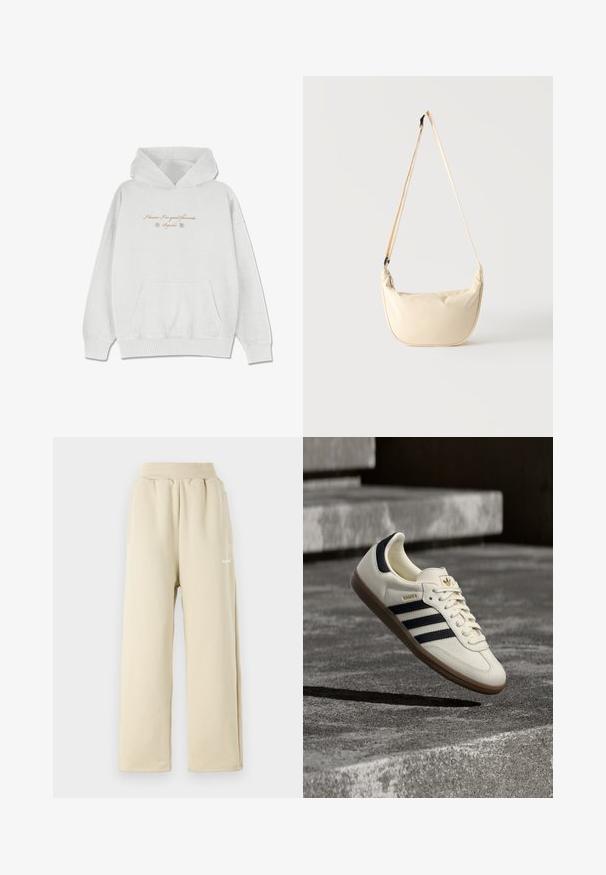 Hoodie gris clair en tissu doux avec une poche avant. Présente du texte en cursive et des accents floraux au niveau de la poitrine.; Pantalons de survêtement beige à jambes larges en tissu doux, dotés d'une taille élastique, de poches latérales et d'un petit logo brodé.; Baskets blanches Adidas Samba avec des bandes noires et une semelle en gomme, flottant au-dessus de marches en béton gris texturé.; Sac à épaule beige en forme de croissant avec une longue bandoulière réglable suspendu devant un fond clair uni.
