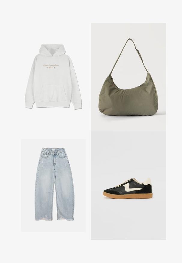 Lichtgrijze hoodie van zacht materiaal met een voorzak. Kenmerkt cursieve tekst en bloemaccenten op de borst.; Lichtblauwe wijde denim jeans met versleten details en rafelige zomen, voorzien van voorzakken, riemlussen en een knoopsluiting.; Zwarte suède en leren sneaker met een crèmekleurige zij-swoosh en lichte crèmekleurige hiel. Voorzien van beige veters en een gumrubberen zool.; Schoudertas van zacht olijfgroen stof met ritssluiting en verstelbare band op een effen lichte achtergrond.