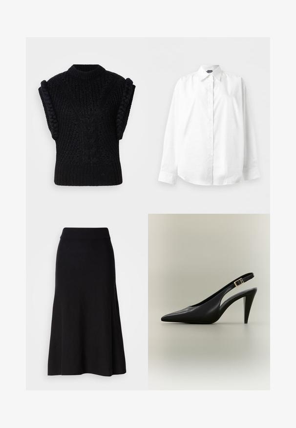 Pull sans manches en tricot noir avec des motifs en relief en torsades, un design texturé et des accents tressés sur les épaules. Encolure ronde.; Chemise blanche à manches longues avec col pointu, boutonnée, présentée à plat sur un fond blanc uni.; Jupe évasée en tricot noir avec une large taille, longueur midi, texture lisse et sans motifs ni détails métalliques visibles.; Escarpin à bride arrière en cuir noir avec bout pointu, boucle dorée et talon effilé sur un fond neutre.