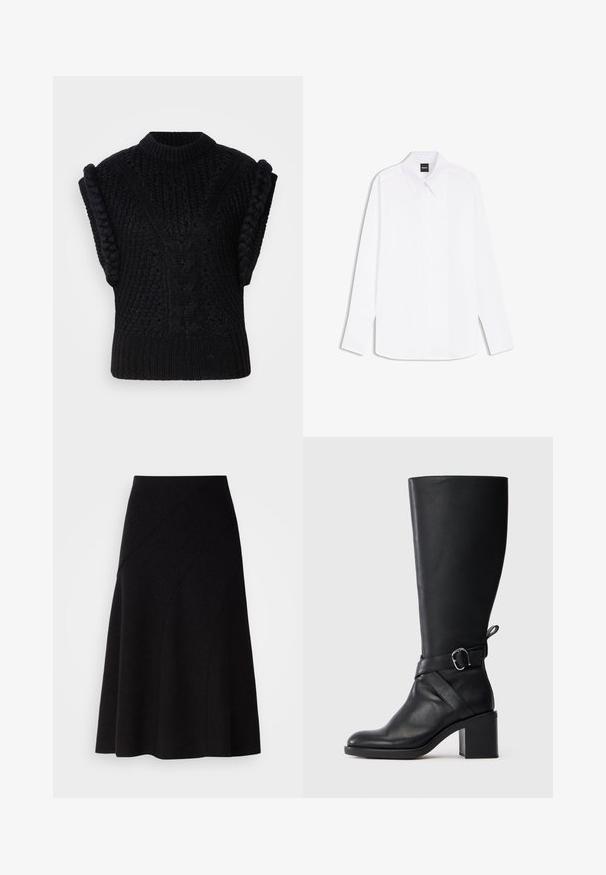 Pull sans manches en tricot noir avec des motifs en relief en torsades, un design texturé et des accents tressés sur les épaules. Encolure ronde.; Chemise blanche à manches longues avec col pointu et patte de boutonnage cachée, étiquetée "BOSS" au niveau du col.; Jupe A-line en laine noire avec une taille mi-haute, présentant des coutures diagonales et une texture lisse, tombant juste en dessous du genou.; Botte en cuir noir mi-mollet avec talon carré et bande décorative avec boucle en argent sur fond clair uni.