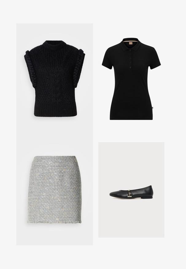 Pull sans manches en tricot noir avec des motifs en relief en torsades, un design texturé et des accents tressés sur les épaules. Encolure ronde.; Polo shirt noir en coton, avec un col classique, des manches courtes, une rangée de boutons et un logo de marque discret sur la poitrine.; Mini-jupe en tweed tissé gris et beige avec une coupe droite et un ourlet frangé sur fond blanc uni.; Ballerine plate en cuir noir avec un petit détail de boucle dorée sur le côté, talon bas et bout arrondi, présentée de profil sur fond blanc.