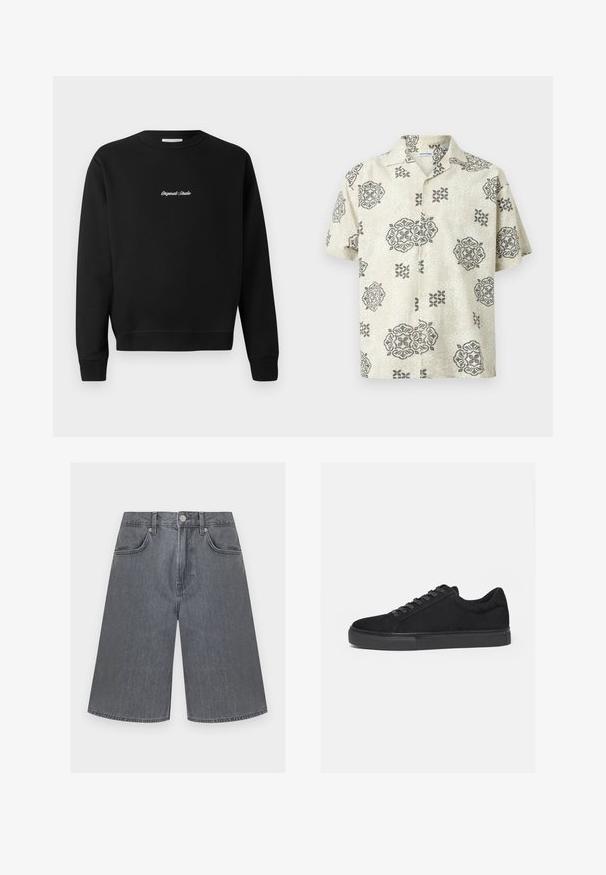 Schwarzer Sweatshirt mit rundem Ausschnitt, langen Ärmeln und gerippten Bündchen, mit "Original Studio" in Weiß auf der Vorderseite gestickt.; Beiges Kurzarm-Hemd mit Knöpfen und schwarzen floralen sowie geometrischen Mustern, flach auf hellem Hintergrund präsentiert.; Graue High-Waist-Jeansshorts mit weitem Bein, vorne mit Knopf, Reißverschluss und zwei Vordertaschen auf einfarbigem Hintergrund.; Schwarzer Low-Top-Sneaker mit Schnürung vorne und flacher Gummisohle, seitlich auf weißem Hintergrund dargestellt.