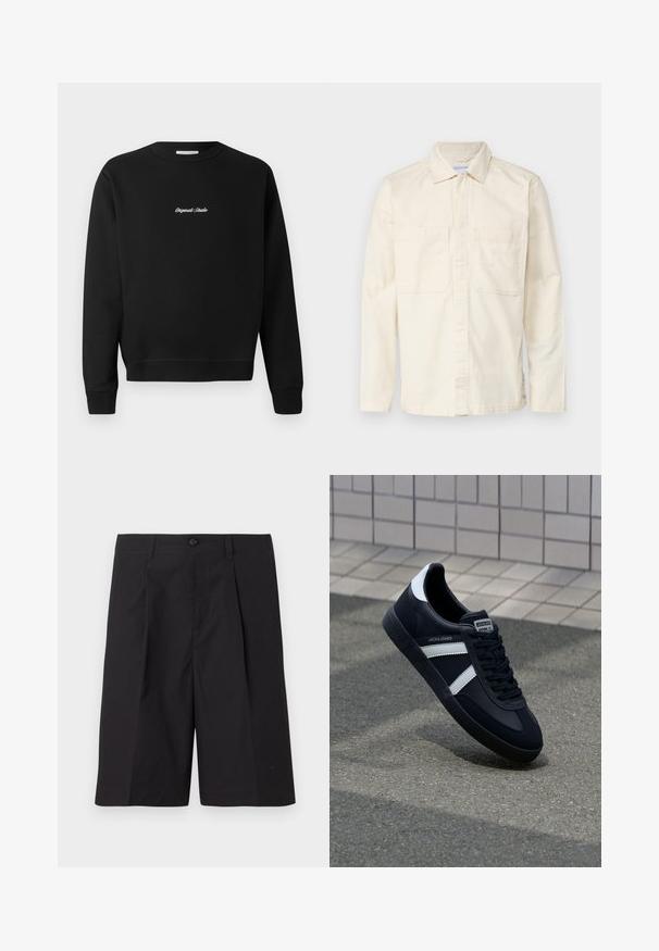 Mustahi sweatshirt mweusi yenye shingo iliyo na umbo la duara, mikono mirefu, na cuffs zenye ribbed, ikiwa na maandiko ya "Studio asilia" yaliyoashiriwa kwa rangi nyeupe mbele.; Vaaleanbeige pitkähihainen paita, joka on valmistettu puuvillasekoitteesta. Paidassa on kaulus, etunapit ja kaksi rintataskua. Pintakudos on sileä.; Mustat räätälöidyt shortsit, jotka on valmistettu kevyestä kankaasta. Niissä on laskokset, nappisuljin ja suora helma. Pintakuvio on sileä eikä siinä ole näkyviä kuvioita.; Mustat nahkakengät valkoisilla raidoilla, teksturoitu kumipohja ja nauha edessä. Varustettu merkkitarralla kielen päällä.