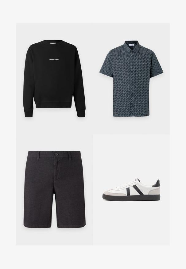 Schwarzer Sweatshirt mit rundem Ausschnitt, langen Ärmeln und gerippten Bündchen, mit "Original Studio" in Weiß auf der Vorderseite gestickt.; Kurzarmhemd in Marineblau mit einem weißen Zickzackmuster. Verfügt über einen klassischen Kragen und eine vordere Knopfleiste. Glatte Stoffstruktur.; Dunkelgraue Shorts aus gewebtem Material, mit einem Knopfverschluss, Gürtelschlaufen und geradem Bein, sauberen Säumen und Seitentaschen.; Weiße Sneaker mit schwarz- und grau-aczenten, ausgestattet mit einer strukturierten grauen Zehenkappe, schwarzer Gummi-Sohle und flachen weißen Schnürsenkeln. Sauberes Design, minimalistische Stil.
