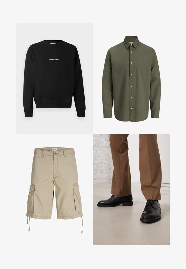 Schwarzer Sweatshirt mit rundem Ausschnitt, langen Ärmeln und gerippten Bündchen, mit "Original Studio" in Weiß auf der Vorderseite gestickt.; Olivgrünes, langärmeliges Hemd mit Knöpfen, einem Standardkragen und weißen Knöpfen auf der Vorderseite.; Beige Cargo-Shorts mit mehreren Taschen, Knopf- und Reißverschluss, Gürtelschlaufen und Kordelzug am Saum.; Schwarze Lederschuhe mit glatter Oberfläche und runder Zehenpartie, mit Schnürverschluss und einer flachen, niedrigen Sohle. Kombiniert mit braunen Hosen.