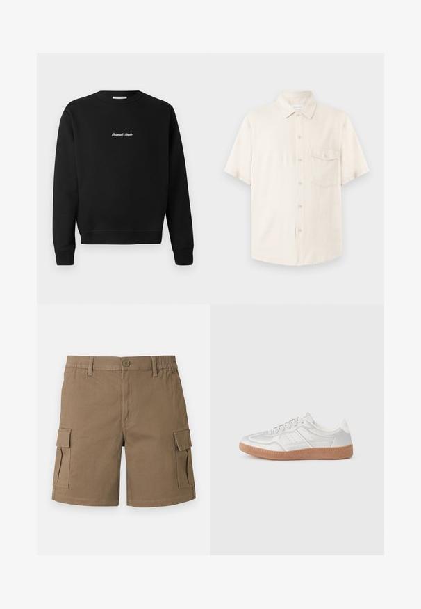 Zwarte sweatshirt met een ronde hals, lange mouwen en geribde manchetten, met "Original Studio" in het wit geborduurd op de voorkant.; Beige overhemd met korte mouwen, knoopsluiting, puntige kraag en een borstzak met één knoop, plat liggend op een lichte achtergrond.; Bruine cargoshorts met knoopsluiting, riemlussen en klepzakken aan beide zijden.; Zilveren sneakers met een gladde textuur, vetersluiting, geperforeerde accenten en een gestructureerde bruine rubberen zool.