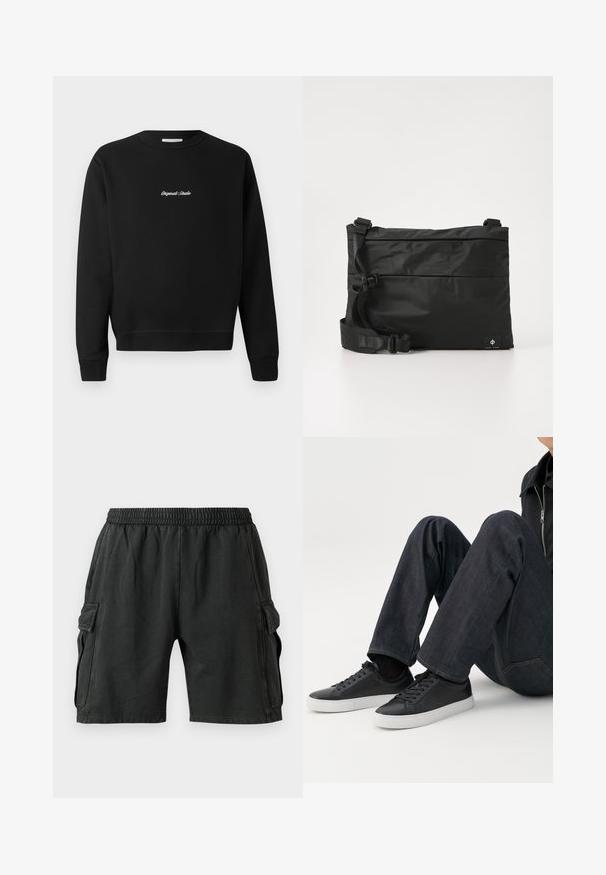 Zwarte sweatshirt met een ronde hals, lange mouwen en geribde manchetten, met "Original Studio" in het wit geborduurd op de voorkant.; Zwarte cargoshorts met een elastische tailleband, twee zijzakken en twee cargozakken aan de zijkanten. Gemaakt van een zachte, lichtgewicht stof.; Persoon zittend met gebogen benen, draagt donkerblauwe spijkerbroek en zwarte lage sneakers met witte zolen op een witte achtergrond.; Zwarte nylon boodschappentas met verstelbare riem, plat ontwerp en een zijlabel met een logo. Soepele textuur en minimalistische stijl.