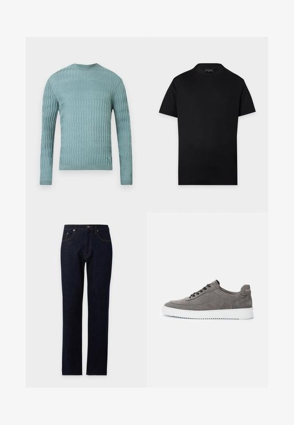 Lyseblå sweater lavet af blødt stof med et struktureret bølgemønster, lange ærmer og rund hals. Ingen bemærkelsesværdige hardware eller detaljer.; Enkelt sort t-shirt med korte ærmer og rund halsudskæring med subtilt lille logo på brystet og en synlig mærkat ved halsen på grå baggrund.; Mørkeblå straight-leg jeans med knap foran, lynlås og fem-lomme design på en ensfarvet lys baggrund.; Grå lavtops ruskindssneaker med sorte snørebånd og hvid gummisål, sidevisning, der viser mærkenavnet på hælflappen.