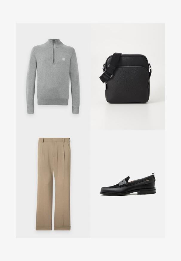 Suéter gris de cuello alto con cremallera. Presenta mangas largas, puños acanalados y un pequeño parche de logo en el pecho. Textura de punto suave.; Pantalones beiges de tela liviana, con un diseño de pierna recta, doble pinzas y dobladillos enrollados para un ajuste relajado.; Mocasín de cuero negro con detalle de tira gris, tacón bajo y suela texturizada, con la marca "HUGO" en oro en el lateral.; Bolso cruzado de cuero negro con una superficie texturizada, que presenta un bolsillo con cremallera en la parte frontal, correa ajustable y acentos de hardware metálico.
