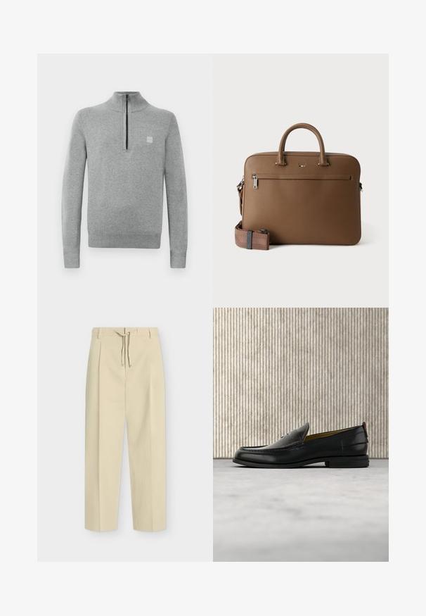 Grijze pullovertrui met een ritsluitbare opstaande kraag. Heeft lange mouwen, geribde manchetten en een kleine logopatch op de borst. Zachte gebreide textuur.; Beige broek met rechte pijpen, riemlussen en een strik aan de voorkant, met een strak, op maat gemaakt ontwerp en gestructureerde stof.; Zwarte leren herenslipper met een krokodillen-embossed voorblad en een lage hak, zij-aanzicht op een neutrale achtergrond.; Bruine leren aktetas met bovenhandvatten, voorvak met ritssluiting en afneembare bijpassende schouderriem op witte achtergrond.