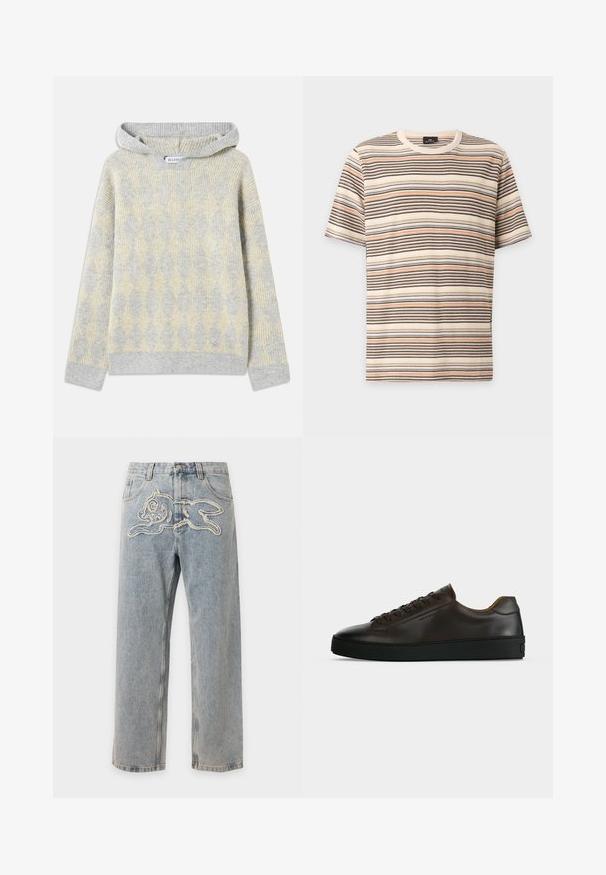 Hættetrøje med et gråt og gult diamantmønster, ribbet tekstur og et lille logo i bunden. Materiale i bomuldsblanding.; Kortærmet strikket t-shirt med vandrette striber i creme, sort, brun og orange farver, vist mod en ensfarvet lys baggrund.; Lyseblå denim jeans med et syet legende kanin-design hen over den forreste talje.; Lavprofil mørkebrune lædersneaker med sort gummisål, snørelukning foran og glat minimalistisk design på lys baggrund.