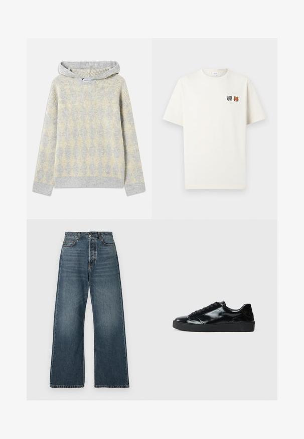 Hættetrøje med et gråt og gult diamantmønster, ribbet tekstur og et lille logo i bunden. Materiale i bomuldsblanding.; Off-white kortærmet t-shirt med rund halsudskæring og små broderede grå ulve- og orange rævehoveder på venstre bryst.; Højtaljede, brede ben blå jeans med forlommer, bælteløkker og knaplukning, lavet af medium-vasket denim.; Sorte laklæder sneakers med rund tå, snørredesign, tekstureret gummisål og en glat overflade.