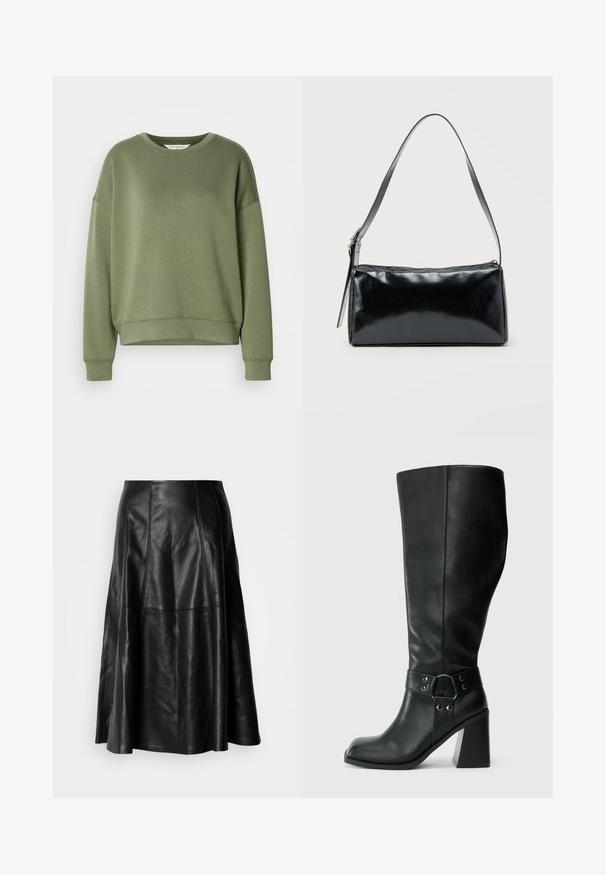 Sweatshirt vert olive en tissu doux. Il présente un col rond, des épaules tombantes et une taille crop avec des poignets côtelés.; Jupe en cuir noir avec une silhouette évasée, présentant des coutures visibles et une texture lisse. Conception mi-longue avec une coupe classique.; Bottes en cuir noires arrivant au genou, avec un bout carré, un large talon et une sangle décorative avec des accents métalliques autour de la cheville. Texture lisse.; Sac d'épaule rectangulaire noir avec une sangle réglable unique et une fermeture éclair supérieure sur un fond uni.