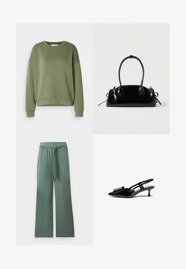 Sweatshirt vert olive en tissu doux. Il présente un col rond, des épaules tombantes et une taille crop avec des poignets côtelés.; Pantalon vert à jambes larges avec taille élastique et ceinture en tissu nouée, fabriqué dans un matériau doux et texturé, présenté sur un fond blanc.; Talons aiguilles en cuir verni noir avec un bout pointu, un détail en nœud à l'avant et un petit talon stiletto. Les brides sont équipées de boucles ajustables.; Petit sac à main noir brillant avec deux longues anses et des détails à cordon sur les côtés sur un fond clair uni.