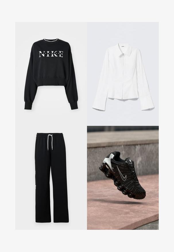 Schwarzer, gekürzter Pullover aus Baumwolle mit weißem Druck "NIKE" und "SPORTSWEAR", mit gerippten Bündchen und Kragen.; Weißes Langarmhemd mit einem Kragen und einem Reißverschluss vorne. Verfügt über ausgestellte Manschetten und eine glatte, baumwollähnliche Textur.; Schwarze Jogginghose aus weicher Baumwolle mit elastischem Bund und weißem Kordelzug sowie lockerem Schnitt. Keine auffälligen Muster oder Verzierungen.; Schwarzer Sneakerschuh mit strukturiertem Mesh-Obermaterial, silbernen Akzenten und einer dicken, glänzenden schwarzen Sohle mit abgerundeten Dämpfungselementen.