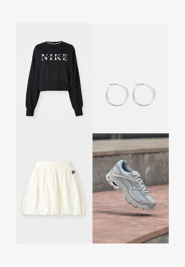 Schwarzer, gekürzter Pullover aus Baumwolle mit weißem Druck "NIKE" und "SPORTSWEAR", mit gerippten Bündchen und Kragen.; Weißer Nike-Rock mit elastischem Bund und dezent gerafftem Saum, mit kleinem schwarzem Nike-Logo auf der rechten Seite.; Hellgrauer und weißer Nike-Laufschuh mit Mesh-Oberfläche und gepolsterter Sohle, schwebt in der Luft vor einem Hintergrund aus Betontreppen.; Silberne Creolen zeichnen sich durch ein glattes, rundes Design mit einem schlanken Profil und einem sicheren Verschluss aus. Minimalistischer Stil mit glänzender Oberfläche.