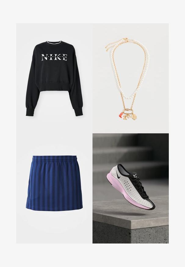 Lyhennetty musta collegepaita, joka on valmistettu puuvillasta ja jossa on valkoinen "NIKE" ja "SPORTSWEAR" -printti. Hihansuissa ja kauluksessa on resorit.; Tummansininen hame, jossa on pystysuorat raidat, elastinen vyötärö, hartialle saakka ulottuva pituus, valmistettu kevyestä kankaasta, sileä rakenne.; Valkoinen ja musta Nike-juoksukenkä, jossa on pinkki pohja, leijuu betonireunuksen yläpuolella, taustalla sumeat portaat.; Kaksikerroksinen kaulakoru, jossa on yksi helmitrippi ja yksi kultainen ketju, jossa riipuksina ovat punainen saapas, lintu, hevosenkenkä ja sydän.