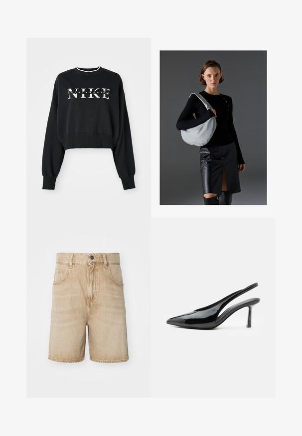 Lyhennetty musta collegepaita, joka on valmistettu puuvillasta ja jossa on valkoinen "NIKE" ja "SPORTSWEAR" -printti. Hihansuissa ja kauluksessa on resorit.; Beige farkkushortsit, joissa on korkea vyötärö, viisi taskua, nappikiinnitys ja kontrastiväriset tikkausompeleet, sekä hieman haalistunut pinta.; Musta kiiltävälankainen slingback-korkokenkä, jossa kärjessä kärki ja ohut piikkikorko, valkoisella taustalla.; Hobo laukku vaaleanharmaasta, pehmeästä materiaalista, pyöreä muoto. Yhdistetty mustaan pitkähihaiseen paitaan ja mustaan nahkahameeseen, jossa on etuaukko.