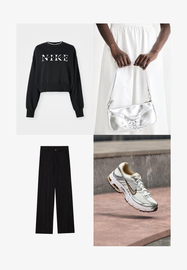 Schwarzer, gekürzter Pullover aus Baumwolle mit weißem Druck "NIKE" und "SPORTSWEAR", mit gerippten Bündchen und Kragen.; Schwarz weit geschnittene Hose aus einem glatten Stoff, mit frontalen Taschen und einem Knopfverschluss an der Taille. Minimalistisches Design ohne Muster.; Weißer und silberner Nike Laufschuh mit beigem Swoosh-Logo, gezeigt schwebend über einer Steinoberfläche mit verschwommenem grauem Wandhintergrund.; Silberne metallische Handtasche mit Schnürdetail, die ein elegantes Design und einen kurzen Tragegurt aufweist. Die Tasche wird in den Händen gehalten und zeigt ihre Textur.