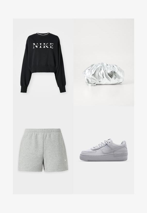 Lühendatud must puuvillane kapuutsiga dress, millel on valge "NIKE" ja "SPORTSWEAR" trükk, ribatud mansettide ja kraega.; Helehallid sportlühikesed püksid elastse vöökohaga ja väike valge Nike logo vasakul jalal ühevärvilise tausta ees.; Hallitus hallid Nike Air Force 1 sneakerid, millel on augustatud varvas, siledast nahast ülemine osa, paks tall ning reljeefne 'AIR' detail kontsapadjal.; Metallik hõbedane vist välja kott pehme, kokku korjatud kehaga ja õhukese õlavarre rihmaga. Omab siledat, läikivat tekstuuri ja ümmargust kuju.