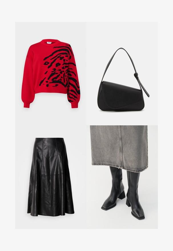 Noisy May NMCHARLOTT L/S O-NECK KNIT FWD NOOS - Neule - red; Musta nahkahame, jossa on liehuva siluetti, näkyvillä ompeluilla ja sileällä pinnalla. Puolipitkä malli klassisella leikkauksella.; Mustat polvipituiset kengät sileästä nahasta, neliskulmaisella kärjellä ja paksulla korolla. Yhdistetty harmaisiin farkkuhameeseen, jossa on revitty helma.; Mustapohjainen nahkalaukku, jossa on kolmionmuotoinen muoto, kulmatasku ja pyöreä yläkädensija. Siinä on sileä pinta ja minimalistinen muotoilutyyli.