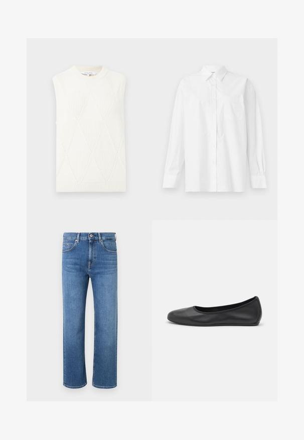 Gilet sans manches en tricot blanc avec motif en losanges et col rond et ourlet côtelés, étiqueté Maison Kitsuné Paris.; Chemise blanche à manches longues en coton, avec un col classique, un fermeture à boutons et une poche poitrine simple du côté gauche.; Jean en denim bleu à jambe droite avec un design classique à cinq poches et une fermeture à bouton, présenté sur un fond blanc.; Ballerines en cuir noir avec un bout rond, texture lisse, détails de couture minimalistes et design de semelle flexible.