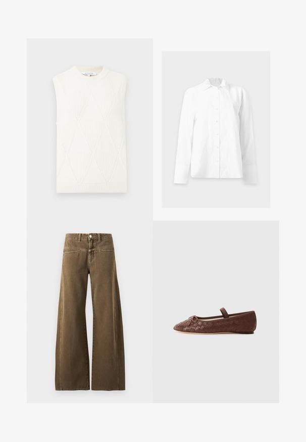 Gilet sans manches en tricot blanc avec motif en losanges et col rond et ourlet côtelés, étiqueté Maison Kitsuné Paris.; Chemise blanche à manches longues avec boutons, col pointu et tissu légèrement froncé à l'arrière du cou, présentée sur fond uni.; Pantalon marron taille haute à jambes larges avec bouton devant, passants de ceinture, et coutures visibles sur fond clair.; Ballerine en cuir tressé marron avec un bout rond, un petit nœud décoratif et une sangle élastique autour de la cheville pour un maintien sécurisé.