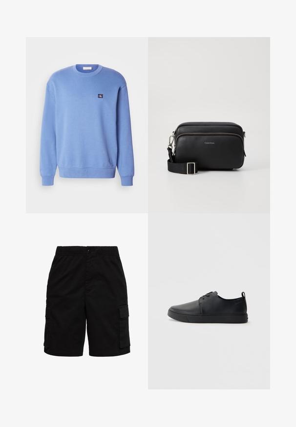 Lichtblauwe crewneck sweatshirt, gemaakt van zacht materiaal, voorzien van ribgebreide mouwen en onderrand, met een klein logo-opdruk op de bovenste linkerzijde.; Zwarte cargoshorts met elastische tailleband, knoopsluiting en voorvleugeltassen aan beide zijden.; Zwarte leren sneaker met een gladde afwerking, ronde neus, tonale stiknaden, vetersluiting aan de voorkant en een vlakke rubberen zool. Lussje aan de hak.; Zwarte leren schoudertas met twee ritscompartimenten, gestructureerd afwerking, verstelbare schouderband en zilveren hardware-accenten. Calvin Klein-logo zichtbaar.