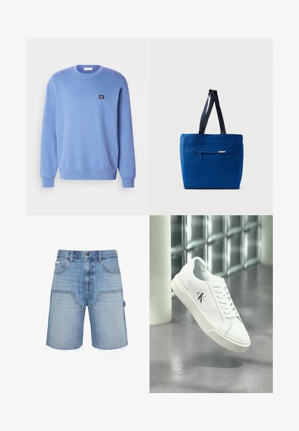 Sudadera de cuello redondo azul claro, hecha de material suave, con puños y dobladillo acanalados, y un pequeño parche de logo en la parte superior izquierda.; Pantalones cortos vaqueros azul claro con cintura alta, bolsillos delanteros, trabillas para cinturón, cierre de botón y dobladillos deshilachados.; Zapatilla blanca Calvin Klein con cordones, mostrada flotando sobre un suelo de cemento pulido y un fondo de pared de bloques de vidrio.; Bolsa de lona azul con un bolsillo frontal con cremallera, correas dobles para el hombro y forma rectangular. Cuenta con una etiqueta de marca sutil.